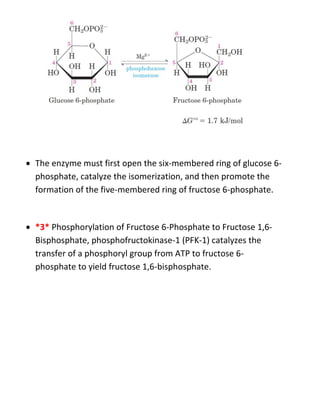  The enzyme must first open the six-membered ring of glucose 6-
phosphate, catalyze the isomerization, and then promote the
formation of the five-membered ring of fructose 6-phosphate.
 *3* Phosphorylation of Fructose 6-Phosphate to Fructose 1,6-
Bisphosphate, phosphofructokinase-1 (PFK-1) catalyzes the
transfer of a phosphoryl group from ATP to fructose 6-
phosphate to yield fructose 1,6-bisphosphate.
 