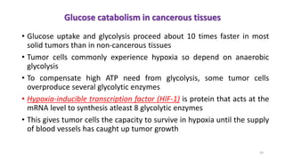 • Glucose uptake and glycolysis proceed about 10 times faster in most
solid tumors than in non-cancerous tissues
• Tumor cells commonly experience hypoxia so depend on anaerobic
glycolysis
• To compensate high ATP need from glycolysis, some tumor cells
overproduce several glycolytic enzymes
• Hypoxia-inducible transcription factor (HIF-1) is protein that acts at the
mRNA level to synthesis atleast 8 glycolytic enzymes
• This gives tumor cells the capacity to survive in hypoxia until the supply
of blood vessels has caught up tumor growth
Glucose catabolism in cancerous tissues
50
 