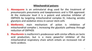 Mitochondrial poisons
1. Atovaquone is an antimalarial drug used for the treatment of
pneumocystis pneumonia and toxoplasmosis and is FDA approved.
At the molecular level it is a potent and selective inhibitor of
OXPHOS by targeting mitochondrial complex III, inducing aerobic
glycolysis and oxidative stress in cancer stem cells
2. Metformin; main mechanism of action is inhibition of
mitochondrial complex I, increasing the glycolytic pathway through
reduction of OXPHOS
3. Phenformin is metformin’s predecessor with similar effects on lactic
acid production, but is a more powerful inhibitor of the
mitochondrial respiratory chain which entails an increased risk of
lactic acidosis.
79
 