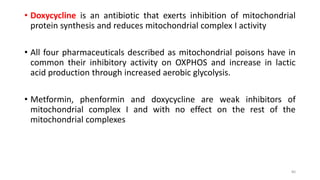 • Doxycycline is an antibiotic that exerts inhibition of mitochondrial
protein synthesis and reduces mitochondrial complex I activity
• All four pharmaceuticals described as mitochondrial poisons have in
common their inhibitory activity on OXPHOS and increase in lactic
acid production through increased aerobic glycolysis.
• Metformin, phenformin and doxycycline are weak inhibitors of
mitochondrial complex I and with no effect on the rest of the
mitochondrial complexes
80
 