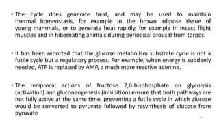 • The cycle does generate heat, and may be used to maintain
thermal homeostasis, for example in the brown adipose tissue of
young mammals, or to generate heat rapidly, for example in insect flight
muscles and in hibernating animals during periodical arousal from torpor.
• It has been reported that the glucose metabolism substrate cycle is not a
futile cycle but a regulatory process. For example, when energy is suddenly
needed, ATP is replaced by AMP, a much more reactive adenine.
• The reciprocal actions of fructose 2,6-bisphosphate on glycolysis
(activation) and gluconeogenesis (inhibition) ensure that both pathways are
not fully active at the same time, preventing a futile cycle in which glucose
would be converted to pyruvate followed by resynthesis of glucose from
pyruvate
84
 