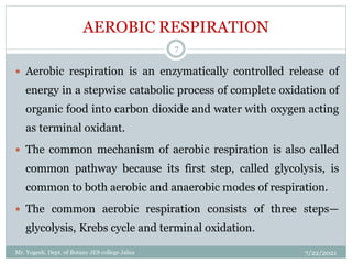 AEROBIC RESPIRATION
 Aerobic respiration is an enzymatically controlled release of
energy in a stepwise catabolic process of complete oxidation of
organic food into carbon dioxide and water with oxygen acting
as terminal oxidant.
 The common mechanism of aerobic respiration is also called
common pathway because its first step, called glycolysis, is
common to both aerobic and anaerobic modes of respiration.
 The common aerobic respiration consists of three steps—
glycolysis, Krebs cycle and terminal oxidation.
7/22/2021
7
Mr. Yogesh, Dept. of Botany JES college Jalna
 