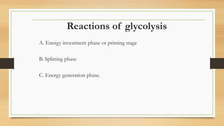 Reactions of glycolysis
A. Energy investment phase or priming stage
B. Splitting phase
C. Energy generation phase.
 