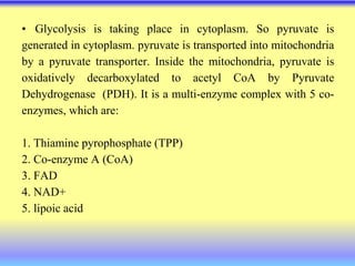 • Glycolysis is taking place in cytoplasm. So pyruvate is
generated in cytoplasm. pyruvate is transported into mitochondria
by a pyruvate transporter. Inside the mitochondria, pyruvate is
oxidatively decarboxylated to acetyl CoA by Pyruvate
Dehydrogenase (PDH). It is a multi-enzyme complex with 5 co-
enzymes, which are:
1. Thiamine pyrophosphate (TPP)
2. Co-enzyme A (CoA)
3. FAD
4. NAD+
5. lipoic acid
 