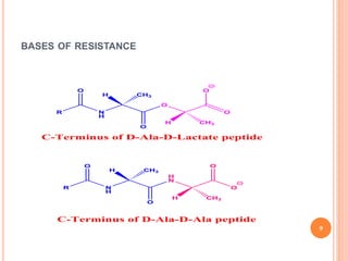 BASES OF RESISTANCE
9
R
O
N
H
O
H CH3
O
O
O
H CH3
R
O
N
H
H
N
H CH3
O
O
H CH3
O
C-Terminus of D-Ala-D-Ala peptide
C-Terminus of D-Ala-D-Lactate peptide
 