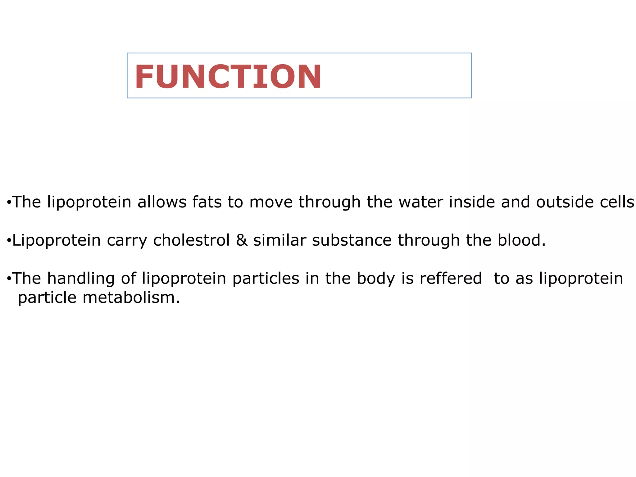 •The lipoprotein allows fats to move through the water inside and outside cells
•Lipoprotein carry cholestrol & similar substance through the blood.
•The handling of lipoprotein particles in the body is reffered to as lipoprotein
particle metabolism.
FUNCTION
 