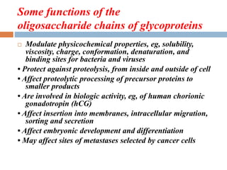 Some functions of the
oligosaccharide chains of glycoproteins
 Modulate physicochemical properties, eg, solubility,
viscosity, charge, conformation, denaturation, and
binding sites for bacteria and viruses
• Protect against proteolysis, from inside and outside of cell
• Affect proteolytic processing of precursor proteins to
smaller products
• Are involved in biologic activity, eg, of human chorionic
gonadotropin (hCG)
• Affect insertion into membranes, intracellular migration,
sorting and secretion
• Affect embryonic development and differentiation
• May affect sites of metastases selected by cancer cells
 