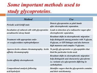 Some important methods used to
study glycoproteins.
Method Use
Periodic acid-Schiff stain
Detects glycoproteins as pink bands
after electrophoretic separation.
Incubation of cultured cells with glycoproteins
asradioactive decay bands
Leads to detection of a radioactive sugar after
electrophoretic separation.
Treatment with appropriate endo-
or exoglycosidase orphospholipases
Resultant shifts in electrophoretic migration
help distinguish among proteins with N-glycan,
O-glycan, or GPI linkages and also between
high mannose and complex N-glycans.
Agarose-lectin column chromatography, lectin
affinity chromatography
To purify glycoproteins or glycopeptides that
bind the particular lectin used.
Lectin affinity electrophoresis
Resultant shifts in electrophoretic migration
help distinguish and characterize glycoforms
i.e. variants of a glycoprotein differing in
carbohydrate.
Compositional analysis following
acid hydrolysis
Identifies sugars that the glycoprotein contains
and their stoichiometry.
 