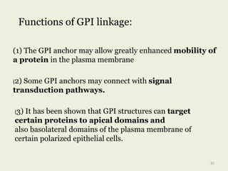 Functions of GPI linkage:
(1) The GPI anchor may allow greatly enhanced mobility of
a protein in the plasma membrane
(2) Some GPI anchors may connect with signal
transduction pathways.
(3) It has been shown that GPI structures can target
certain proteins to apical domains and
also basolateral domains of the plasma membrane of
certain polarized epithelial cells.
32
 