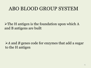 76
The H antigen is the foundation upon which A
and B antigens are built
A and B genes code for enzymes that add a sugar
to the H antigen
ABO BLOOD GROUP SYSTEM
 