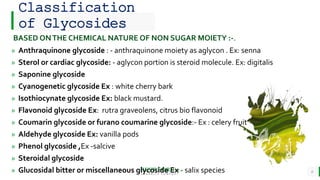 BEST FOR You
O R G A N I C S C O M P A N Y
Classification
of Glycosides
BASED ONTHE CHEMICAL NATURE OF NON SUGAR MOIETY :-.
» Anthraquinone glycoside : - anthraquinone moiety as aglycon . Ex: senna
» Sterol or cardiac glycoside: - aglycon portion is steroid molecule. Ex: digitalis
» Saponine glycoside
» Cyanogenetic glycoside Ex : white cherry bark
» Isothiocynate glycoside Ex: black mustard.
» Flavonoid glycoside Ex: rutra graveolens, citrus bio flavonoid
» Coumarin glycoside or furano coumarine glycoside:- Ex : celery fruit
» Aldehyde glycoside Ex: vanilla pods
» Phenol glycoside ,Ex -salcive
» Steroidal glycoside
» Glucosidal bitter or miscellaneous glycoside Ex - salix species 6
 