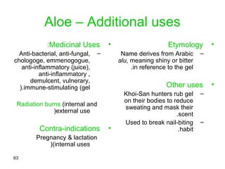 Aloe vera Products
•These are derived from the mucilage gel –
parenchyma cells
•Should not be confused with aloes (juice
o...