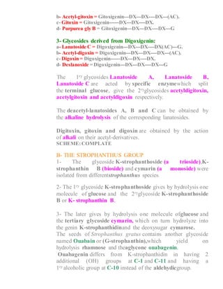 b- Acetyl-gitoxin = Gitoxigenin---DX---DX----DX---(AC).
c- Gitoxin = Gitoxigenin------DX---DX----DX.
d- Purpurea gly B = Gitoxigenin---DX---DX----DX---G
3- Glycosides derived from Digoxigenin:
a- Lanatoside C = Digoxigenin---DX---DX----DX(AC)---G.
b- Acetyl-digoxin = Digoxigenin---DX---DX----DX---(AC).
c- Digoxin = Digoxigenin------DX---DX----DX.
d- Deslanoside = Digoxigenin---DX---DX----DX---G
1- The 1ry glycosides Lanatoside A, Lanatoside B,
Lanatoside C are acted by specific enzymewhich split
the terminal glucose, give the 2ryglycosides acetyldigitoxin,
acetylgitoxin and acetyldigoxin respectively.
2- The deacetyl-lanatosides A, B and C can be obtained by
the alkaline hydrolysis of the corresponding lanatosides.
3- Digitoxin, gitoxin and digoxin are obtained by the action
of alkali on their acetyl-derivatives.
SCHEME:COMPLATE
B- THE STROPHANTHUS GROUP
1- The glycoside K-strophanthoside (a trioside),K-
strophanthin B (bioside) and cymarin (a monoside) were
isolated from differentstrophanthus species.
2- The 1ry glycoside K-strophanthoside gives by hydrolysis one
molecule of glucose and the 2ryglycoside K-strophanthoside
B or K- strophanthin B.
3- The later gives by hydrolysis one molecule ofglucose and
the tertiary glycoside cymarin, which on turn hydrolyze into
the genin K-strophanthidinand the deoxysugar cymarose.
The seeds of Strophanthus gratus contains another glycoside
named Ouabain or (G-strophanthin),which yield on
hydrolysis rhamnose and theaglycone ouabagenin.
Ouabagenin differs from K-strophanthidin in having 2
additional (OH) groups at C-1 and C-11 and having a
1ry alcoholic group at C-10 instead of the aldehydicgroup.
 