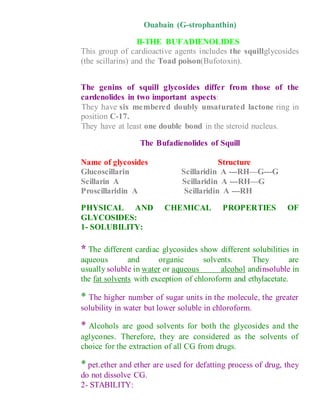 Ouabain (G-strophanthin)
II-THE BUFADIENOLIDES
This group of cardioactive agents includes the squillglycosides
(the scillarins) and the Toad poison(Bufotoxin).
The genins of squill glycosides differ from those of the
cardenolides in two important aspects:
1- They have six membered doubly unsaturated lactone ring in
position C-17.
2- They have at least one double bond in the steroid nucleus.
The Bufadienolides of Squill
Name of glycosides Structure
Glucoscillarin Scillaridin A ---RH—G---G
Scillarin A Scillaridin A ---RH—G
Proscillaridin A Scillaridin A ---RH
PHYSICAL AND CHEMICAL PROPERTIES OF
GLYCOSIDES:
1- SOLUBILITY:
* The different cardiac glycosides show different solubilities in
aqueous and organic solvents. They are
usually soluble in water or aqueous alcohol andinsoluble in
the fat solvents with exception of chloroform and ethylacetate.
* The higher number of sugar units in the molecule, the greater
solubility in water but lower soluble in chloroform.
* Alcohols are good solvents for both the glycosides and the
aglycones. Therefore, they are considered as the solvents of
choice for the extraction of all CG from drugs.
* pet.ether and ether are used for defatting process of drug, they
do not dissolve CG.
2- STABILITY:
 