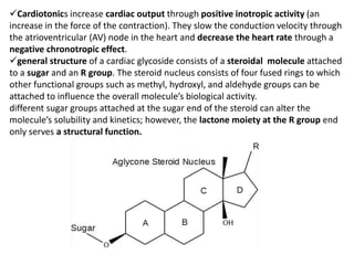 Cardiotonics increase cardiac output through positive inotropic activity (an
increase in the force of the contraction). They slow the conduction velocity through
the atrioventricular (AV) node in the heart and decrease the heart rate through a
negative chronotropic effect.
general structure of a cardiac glycoside consists of a steroidal molecule attached
to a sugar and an R group. The steroid nucleus consists of four fused rings to which
other functional groups such as methyl, hydroxyl, and aldehyde groups can be
attached to influence the overall molecule’s biological activity.
different sugar groups attached at the sugar end of the steroid can alter the
molecule’s solubility and kinetics; however, the lactone moiety at the R group end
only serves a structural function.
 