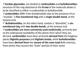 Cardiac glycosides are divded as cardenolides and bufadienolides.
structure of the ring attached at the R end of the molecule allows it
to be classified as either a cardenolide or bufadienolide.
cardenolides differ from bufadinolides due to the presence of an
“enolide,” a five-membered ring with a single double bond, at the
lactone end.
 Bufadienolides, on the other hand, contain a “dienolide,” a six-
membered ring with two double bonds, at the lactone end.
cardenolides are more commonly used medicinally, primarily due
to the widespread availability of the plants from which they are
derived. cardenolides have been primarily derived from the foxglove
plants Digitalis purpurea and Digitalis lanata, while bufadienolides
have been derived from the venom of the cane toad Bufo marinus,
from which they receive the “bufo” portion of their name
 