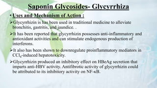 Saponin Glycosides- Glycyrrhiza
• Uses and Mechanism of Action :
Glycyrrhizin is has been used in traditional medicine to alleviate
bronchitis, gastritis, and jaundice. .
It has been reported that glycyrrhizin possesses anti-inflammatory and
antioxidant activities and can stimulate endogenous production of
interferons.
It also has been shown to downregulate proinflammatory mediators in
CCl4-induced hepatotoxicity.
Glycyrrhizin produced an inhibitory effect on HBeAg secretion that
imparts anti-HBV activity. Antifibrotic activity of glycyrrhizin could
be attributed to its inhibitory activity on NF-κB.
 
