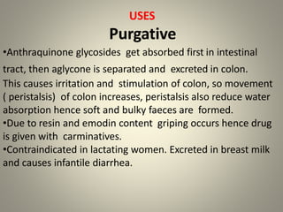 USES
Purgative
•Anthraquinone glycosides get absorbed first in intestinal
tract, then aglycone is separated and excreted in colon.
This causes irritation and stimulation of colon, so movement
( peristalsis) of colon increases, peristalsis also reduce water
absorption hence soft and bulky faeces are formed.
•Due to resin and emodin content griping occurs hence drug
is given with carminatives.
•Contraindicated in lactating women. Excreted in breast milk
and causes infantile diarrhea.
 