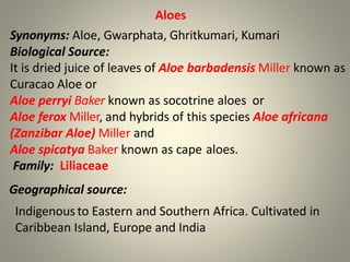 Aloes
Synonyms: Aloe, Gwarphata, Ghritkumari, Kumari
Biological Source:
It is dried juice of leaves of Aloe barbadensis Miller known as
Curacao Aloe or
Aloe perryi Baker known as socotrine aloes or
Aloe ferox Miller, and hybrids of this species Aloe africana
(Zanzibar Aloe) Miller and
Aloe spicatya Baker known as cape aloes.
Family: Liliaceae
Geographical source:
Indigenous to Eastern and Southern Africa. Cultivated in
Caribbean Island, Europe and India
 
