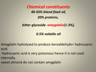Chemical constituents
40-50% bland fixed oil,
20% proteins,
bitter glycoside -amygdalin(1-3%),
0.5% volatile oil
Amygdalin hydrolyzed to produce benzaldehyde+ hydrocyanic
acid.
Hydrocyanic acid is very poisonous hence it is not used
internally.
sweet almond do not contain amygdalin
 