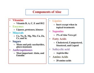 Components of Aloe
• Lignins
– Inert except when in
topical treatments
• Saponins
– 3% of Aloe Vera gel
• Fatty Acids
– Cholesterol, Campesterol,
Sisosterol, and Lupeol
• Salicyclic acid
– Aspirin-like
• Amino Acids
– 20 amino acids
• Vitamins
– Vitamin D, A, C, E and B12
• Enzymes
– Lipases, proteases, kinases
• Minerals
– Ca, Na, K, Mg, Mn, Cu, Zn,
Cr, and Se
• Sugars
– Mono and poly saccharides,
gluco-mannans
• Anthraquinones
– Most important: Aloin, and
Emodin
• Lignins
– Inert except when in
topical treatments
• Saponins
– 3% of Aloe Vera gel
• Fatty Acids
– Cholesterol, Campesterol,
Sisosterol, and Lupeol
• Salicyclic acid
– Aspirin-like
• Amino Acids
– 20 amino acids
• Vitamins
– Vitamin D, A, C, E and B12
• Enzymes
– Lipases, proteases, kinases
• Minerals
– Ca, Na, K, Mg, Mn, Cu, Zn,
Cr, and Se
• Sugars
– Mono and poly saccharides,
gluco-mannans
• Anthraquinones
– Most important: Aloin, and
Emodin
 