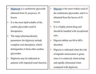 • Digitoxin is a cardiotonic glycoside
obtained from D. purpurea, D.
lanata.
• It is the most lipid-soluble of the
cardiac glycosides used in
therapeutics.
• The major pharmacokinetic
parameters for digitoxin include
complete oral absorption, which
distinguishes it from other cardiac
glycosides.
• Digitoxin may be indicated in
patients with impaired renal function.
• Digoxin is the most widely used of
the cardiotonic glycosides, and it is
obtained from the leaves of D.
lanata.
• It is a highly potent drug and
should be handled with exceptional
care.
• Digoxin tablets are 60 to 80%
absorbed.
• Digoxin is indicated when the risk
of digitalis intoxication is great,
since it is relatively short-acting
and rapidly eliminated when
compared with digitoxin.
• Digitoxin is a cardiotonic glycoside
obtained from D. purpurea, D.
lanata.
• It is the most lipid-soluble of the
cardiac glycosides used in
therapeutics.
• The major pharmacokinetic
parameters for digitoxin include
complete oral absorption, which
distinguishes it from other cardiac
glycosides.
• Digitoxin may be indicated in
patients with impaired renal function.
• Digoxin is the most widely used of
the cardiotonic glycosides, and it is
obtained from the leaves of D.
lanata.
• It is a highly potent drug and
should be handled with exceptional
care.
• Digoxin tablets are 60 to 80%
absorbed.
• Digoxin is indicated when the risk
of digitalis intoxication is great,
since it is relatively short-acting
and rapidly eliminated when
compared with digitoxin.
 