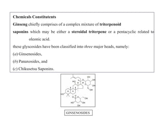 Chemicals Constitutents
Ginseng chiefly comprises of a complex mixture of triterpenoid
saponins which may be either a steroidal triterpene or a pentacyclic related to
oleonic acid.
these glyscosides have been classified into three major heads, namely:
(a) Ginsenosides,
(b) Panaxosides, and
(c) Chikusetsu Saponins.
Chemicals Constitutents
Ginseng chiefly comprises of a complex mixture of triterpenoid
saponins which may be either a steroidal triterpene or a pentacyclic related to
oleonic acid.
these glyscosides have been classified into three major heads, namely:
(a) Ginsenosides,
(b) Panaxosides, and
(c) Chikusetsu Saponins.
GINSENOSIDES
 