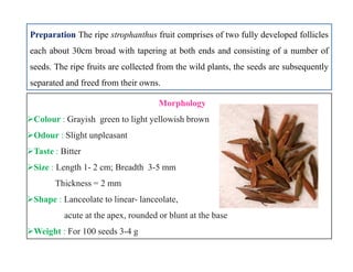 Morphology
Colour : Grayish green to light yellowish brown
Odour : Slight unpleasant
Taste : Bitter
Size : Length 1- 2 cm; Breadth 3-5 mm
Thickness = 2 mm
Shape : Lanceolate to linear- lanceolate,
acute at the apex, rounded or blunt at the base
Weight : For 100 seeds 3-4 g
Preparation The ripe strophanthus fruit comprises of two fully developed follicles
each about 30cm broad with tapering at both ends and consisting of a number of
seeds. The ripe fruits are collected from the wild plants, the seeds are subsequently
separated and freed from their owns.
Morphology
Colour : Grayish green to light yellowish brown
Odour : Slight unpleasant
Taste : Bitter
Size : Length 1- 2 cm; Breadth 3-5 mm
Thickness = 2 mm
Shape : Lanceolate to linear- lanceolate,
acute at the apex, rounded or blunt at the base
Weight : For 100 seeds 3-4 g
 