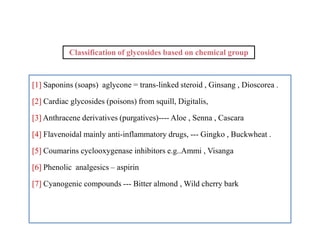 Classification of glycosides based on chemical group
[1] Saponins (soaps) aglycone = trans-linked steroid , Ginsang , Dioscorea .
[2] Cardiac glycosides (poisons) from squill, Digitalis,
[3] Anthracene derivatives (purgatives)---- Aloe , Senna , Cascara
[4] Flavenoidal mainly anti-inflammatory drugs, --- Gingko , Buckwheat .
[5] Coumarins cyclooxygenase inhibitors e.g..Ammi , Visanga
[6] Phenolic analgesics – aspirin
[7] Cyanogenic compounds --- Bitter almond , Wild cherry bark
[1] Saponins (soaps) aglycone = trans-linked steroid , Ginsang , Dioscorea .
[2] Cardiac glycosides (poisons) from squill, Digitalis,
[3] Anthracene derivatives (purgatives)---- Aloe , Senna , Cascara
[4] Flavenoidal mainly anti-inflammatory drugs, --- Gingko , Buckwheat .
[5] Coumarins cyclooxygenase inhibitors e.g..Ammi , Visanga
[6] Phenolic analgesics – aspirin
[7] Cyanogenic compounds --- Bitter almond , Wild cherry bark
 