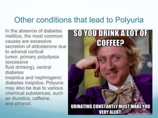 Other conditions that lead to Polyuria
In the absence of diabetes
mellitus, the most common
causes are excessive
secretion of aldosterone due
to adrenal cortical
tumor, primary polydipsia
(excessive
fluid drinking), central
diabetes
insipidus and nephrogenic
diabetes insipidus. Polyuria
may also be due to various
chemical substances, such
as diuretics, caffeine,
and ethanol.
 