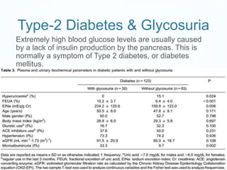 Type-2 Diabetes & Glycosuria
Extremely high blood glucose levels are usually caused
by a lack of insulin production by the pancreas. This is
normally a symptom of Type 2 diabetes, or diabetes
mellitus.
 