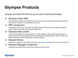 Libraries and tools built with the use of cross compiling technology
● Glympse Client SDK
Glympse flagship platform shares 80k lines of common code across 5 topical mobile operating systems
(iOS, Android, Windows Phone, BlackBerry and Tizen).
● RPC component
Transport layer built on top of Glympse Client SDK enabling interprocess communication capabilities
heavily utilized in wearables and automotive applications.
● Glympse Map control
Library powering Glympse viewing experience in native applications. Map control supports variety of
rendering backends (including Apple MapKit, Google Map SDK, HERE Map SDK, WinPhone Map SDK,
Mapquest SDK) and shares business logic across all platforms.
● Dispatch library
Component is designed to power B2C applications (aka Glympse EnRoute) built on top of Glympse Core.
● Remote Debugger component
Debugging tool enabling remote monitoring of application object model.
Glympse Products
Copyright (c) 2015 Glympse, Inc.
 