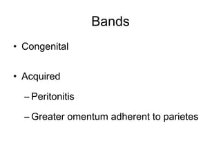 Bands
• Congenital
• Acquired
– Peritonitis
– Greater omentum adherent to parietes
 
