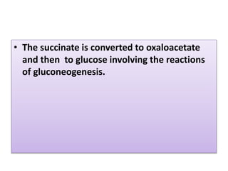 • The succinate is converted to oxaloacetate
and then to glucose involving the reactions
of gluconeogenesis.
 