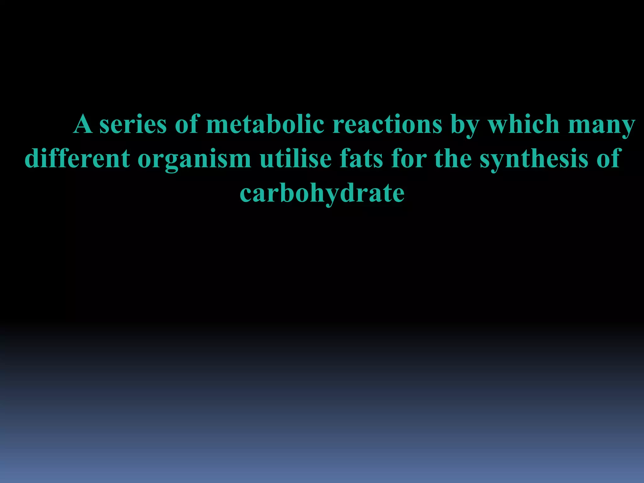 A series of metabolic reactions by which many
different organism utilise fats for the synthesis of
carbohydrate