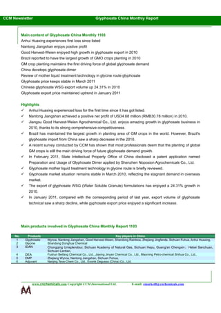 CCM Newsletter                                                   Glyphosate China Monthly Report



           Main content of Glyphosate China Monthly 1103
           Anhui Huaxing experiences first loss since listed
           Nantong Jiangshan enjoys postive profit
           Good Harvest-Weien enjoyed high growth in glyphosate export in 2010
           Brazil reported to have the largest growth of GMO crops planting in 2010
           GM crop planting maintains the first driving force of global glyphosate demand
           China develops glyphosate dimer
           Review of mother liquid treatment technology in glycine route glyphosate
           Glyphosate price keeps stable in March 2011
           Chinese glyphosate WSG export volume up 24.31% in 2010
           Glyphosate export price maintained uptrend in January 2011


           Highlights
                Anhui Huaxing experienced loss for the first time since it has got listed.
                Nantong Jiangshan achieved a positive net profit of USD4.68 million (RMB30.78 million) in 2010.
                Jiangsu Good Harvest-Weien Agrochemical Co., Ltd. enjoys amazing growth in glyphosate business in
                 2010, thanks to its strong comprehensive competitiveness.
                Brazil has maintained the largest growth in planting area of GM crops in the world. However, Brazil’s
                 glyphosate import from China saw a sharp decrease in the 2010.
                A recent survey conducted by CCM has shown that most professionals deem that the planting of global
                 GM crops is still the main driving force of future glyphosate demand growth.
                In February 2011, State Intellectual Property Office of China disclosed a patent application named
                 Preparation and Usage of Glyphosate Dimer applied by Shenzhen Noposion Agrochemicals Co., Ltd.
                Glyphosate mother liquid treatment technology in glycine route is briefly reviewed.
                Glyphosate market situation remains stable in March 2010, reflecting the stagnant demand in overseas
                 market.
                The export of glyphosate WSG (Water Soluble Granule) formulations has enjoyed a 24.31% growth in
                 2010.
                In January 2011, compared with the corresponding period of last year, export volume of glyphosate
                 technical saw a sharp decline, while gyphosate export price enjoyed a significant increase.




           Main products involved in Glyphosate China Monthly Report 1103

     No.         Products                                                   Key players in China
      1        Glyphosate     Wynca, Nantong Jiangshan, Good Harvest-Weien, Shandong Rainbow, Zhejiang Jingfanda, Sichuan Fuhua, Anhui Huaxing,
      2        Glycine        Shandong Donghua Chemical
      3        IDAN           Chongqing Unisplendour, Sichuan Academy of Natural Gas, Sichuan Hepu, Guang’an Chengxin ，Hebei Sanchuan,
                              Sichuan Lantian,
      4        DEA            Fushun Beifang Chemical Co., Ltd., Jiaxing Jinyan Chemical Co., Ltd., Maoming Petro-chemical Shihua Co., Ltd.,
      5        DMP            Zhejiang Wynca, Nantong Jiangshan, Sichuan Fuhua,
      6        Adjuvant       Nanjing Teva-Chem Co., Ltd., Evonik Degussa (China) Co., Ltd.




                     www.cnchemicals.com Copyright CCM International Ltd.                  E-mail: emarket8@cnchemicals.com



                                                                                   1
 