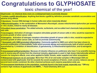 Glyphosate—no chemical does more on a widespread basis to promote disease:
1.Inhibits cyp450 detoxification: Anything that blocks cyp450 by definition promotes xenobiotic accumulation and
adverse drug effects
2.Genotoxic: Causes DNA damage in human cells even when massively diluted
3.Mitochondriopathic: In the combination of Monsanto’s Roundup®, causes mitochondrial dysfunction per several
in vitro studies, linked to nearly all diseases
4.Excellent tissue penetration: The added solvents, surfactants, and so-called inert chemicals help promote entry
into cells
5.Carcinogenic: Activation of estrogen receptors stimulates growth of cancer cells in vitro; would be expected to
promote growth of other cancer cells.
6.Estrogenic: Activation of estrogen receptors stimulates growth of cancer cells in vitro; would be expected to
promote growth of other cancer cells, as well as promote autoimmunity.
7.Synergistic with GMO-promoted inflammation: Commonly applied to GMO corn which has been shown to
promote proliferation of GammaDelta Tcells which promote allergy and autoimmunity, both of which would be
exacerbated by 1) inhibition of detoxification, 2) genotoxicity, 3) mitochondrial dysfunction, and 4) estrogenic
effects.
8.Unsurpassed political protection: Because of industry influence on politicians who have 1) no scientific training,
and 2) receive pay-off money from the chemical industry, glyphosate is used in high doses internationally without
concern for long-term effects, even when applied to fields, forests, water supplies and other ecosystems.
9.Widespread exposure via air and water: More than 75% of air and water samples in Mississippi USA are
contaminated with glyphosate; that far exceeds the social acceptance of heroin, crack cocaine, tobacco use and
second-hand smoke combined. No other chemical achieves such massive population-wide use.
10.Unsurpassed distribution to the population, routinely found in the food supply, especially soy: "GM-soy
contains high residues of glyphosate and AMPA…" Food Chemistry 2014 Jun
 