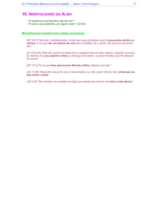 Os 15 Princípios Básicos à Luz do Evangelho – Apoio: Carlos Rodrigues 17
10. IMORTALIDADE DA ALMA
- A existência dos Espíritos não tem fim.
- É tudo o que podemos, por agora, dizer. (LE 83)
REFERÊNCIAS EVANGÉLICAS CORRELACIONADAS:
(MT 28:7) Ide pois, imediatamente, e dizei aos seus discípulos que já ressuscitou dentre os
mortos. E eis que ele vai adiante de vós para a Galiléia; ali o vereis. Eis que eu vo-lo tenho
dito.
(LC 8:54-55) Mas ele, pondo-os todos fora, e pegando-lhe na mão, clamou, dizendo: Levanta-
te, menina. E o seu espírito voltou, e ela logo se levantou; e Jesus mandou que lhe dessem
de comer.
(MT 17:3) E eis que lhes apareceram Moisés e Elias, falando com ele.
(JO 11:25) Disse-lhe Jesus: Eu sou a ressurreição e a vida; quem crê em mim, ainda que es-
teja morto, viverá;
(JO 6:47) Na verdade, na verdade vos digo que aquele que crê em mim tem a vida eterna.
 
