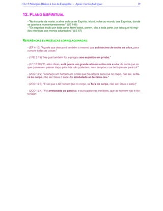 Os 15 Princípios Básicos à Luz do Evangelho – Apoio: Carlos Rodrigues 19
12. PLANO ESPIRITUAL
- No instante da morte, a alma volta a ser Espírito, isto é, volve ao mundo dos Espíritos, donde
se apartara momentaneamente. (LE 149)
- Os espíritos estão por toda parte. Nem todos, porem, vão a toda parte, por isso que há regi-
ões interditas aos menos adiantados. (LE 87)
REFERÊNCIAS EVANGÉLICAS CORRELACIONADAS:
- (EF 4:10) Aquele que desceu é também o mesmo que subiuacima de todos os céus, para
cumprir todas as coisas.
- (1PE 3:19) No qual também foi, e pregou aos espíritos em prisão;
- (LC 16:26) E, além disso, está posto um grande abismo entre nós e vós, de sorte que os
que quisessem passar daqui para vós não poderiam, nem tampouco os de lá passar para cá.
- (2CO 12:2) Conheço um homem em Cristo que há catorze anos (se no corpo, não sei, se fo-
ra do corpo, não sei; Deus o sabe) foi arrebatado ao terceiro céu.
- (2CO 12:3) E sei que o tal homem (se no corpo, se fora do corpo, não sei; Deus o sabe)
- (2CO 12:4) Foi arrebatado ao paraíso; e ouviu palavras inefáveis, que ao homem não é líci-
to falar.
 
