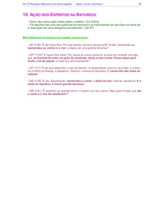 Os 15 Princípios Básicos à Luz do Evangelho – Apoio: Carlos Rodrigues 22
15. AÇÃO DOS ESPÍRITOS NA NATUREZA
- Deus não exerce ação direta sobre a matéria. (LE 536-b)
- Os espíritos são uma das potencias da natureza e os instrumentos de que Deus se serve pa-
ra execução dos seus desígnios providenciais. (LE 87)
REFERÊNCIAS EVANGÉLICAS CORRELACIONADAS:
- (MT 8:26) E ele disse-lhes: Por que temeis, homens de pouca fé? Então, levantando-se,
repreendeu os ventos e o mar, e seguiu-se uma grande bonança.
- (MT 17:20) E Jesus lhes disse: Por causa de vossa pouca fé; porque em verdade vos digo
que, se tiverdes fé como um grão de mostarda, direis a este monte: Passa daqui para
acolá, e há de passar; e nada vos será impossível.
- (AT 12:7) E eis que sobreveio o anjo do Senhor, e resplandeceu uma luz na prisão; e, tocan-
do a Pedro na ilharga, o despertou, dizendo: Levanta-te depressa. E caíram-lhe das mãos as
cadeias.
- (MC 4:39) E ele, despertando, repreendeu o vento, e disse ao mar: Cala-te, aquieta-te. E o
vento se aquietou, e houve grande bonança.
- (MC 4:41) E sentiram um grande temor, e diziam uns aos outros: Mas quem é este, que até
o vento e o mar lhe obedecem?
 