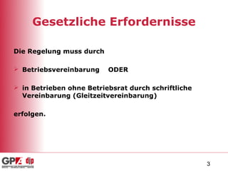 Gesetzliche Erfordernisse

Die Regelung muss durch

 Betriebsvereinbarung    ODER

 in Betrieben ohne Betriebsrat durch schriftliche
  Vereinbarung (Gleitzeitvereinbarung)

erfolgen.




                                                     3
 