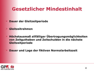 Gesetzlicher Mindestinhalt

 Dauer der Gleitzeitperiode

 Gleitzeitrahmen

 Höchstausmaß allfälliger Übertragungsmöglichkeiten
  von Zeitguthaben und Zeitschulden in die nächste
  Gleitzeitperiode

 Dauer und Lage der fiktiven Normalarbeitszeit




                                                  4
 