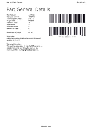 GM 10137663 Sensor Part Sales Statistics and Information | PDF
