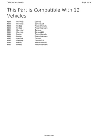 GM 10137663 Sensor Part Sales Statistics and Information | PDF