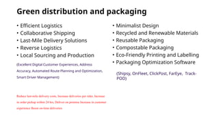 Green distribution and packaging
• Efficient Logistics
• Collaborative Shipping
• Last-Mile Delivery Solutions
• Reverse Logistics
• Local Sourcing and Production
(Excellent Digital Customer Experiences, Address
Accuracy, Automated Route Planning and Optimization,
Smart Driver Management)
Reduce last-mile delivery costs, Increase deliveries per rider, Increase
in order pickup within 24 hrs, Deliver on promise Increase in customer
experience Boost on-time deliveries
• Minimalist Design
• Recycled and Renewable Materials
• Reusable Packaging
• Compostable Packaging
• Eco-Friendly Printing and Labelling
• Packaging Optimization Software
(Shipsy, OnFleet, ClickPost, FarEye, Track-
POD)
 