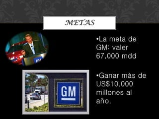 •La meta de
GM: valer
67,000 mdd
•Ganar más de
US$10.000
millones al
año.
METAS
 