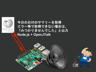 今日の日付のサマリーを取得
エラー等で取得できない場合は、
「みつかりませんでした」と出力
Node.js + OpenJTalk
 