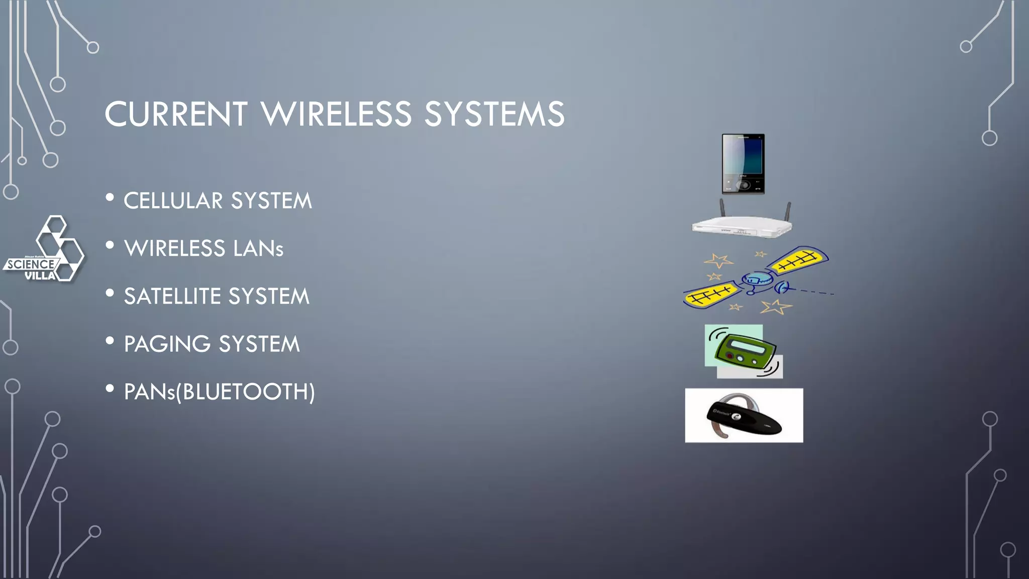 CURRENT WIRELESS SYSTEMS
• CELLULAR SYSTEM
• WIRELESS LANs
• SATELLITE SYSTEM
• PAGING SYSTEM
• PANs(BLUETOOTH)
 