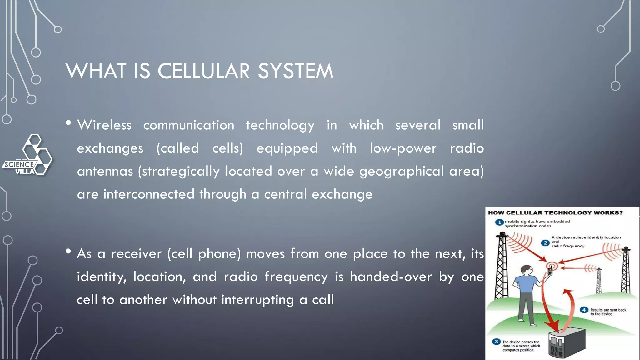 WHAT IS CELLULAR SYSTEM
• Wireless communication technology in which several small
exchanges (called cells) equipped with low-power radio
antennas (strategically located over a wide geographical area)
are interconnected through a central exchange
• As a receiver (cell phone) moves from one place to the next, its
identity, location, and radio frequency is handed-over by one
cell to another without interrupting a call
 