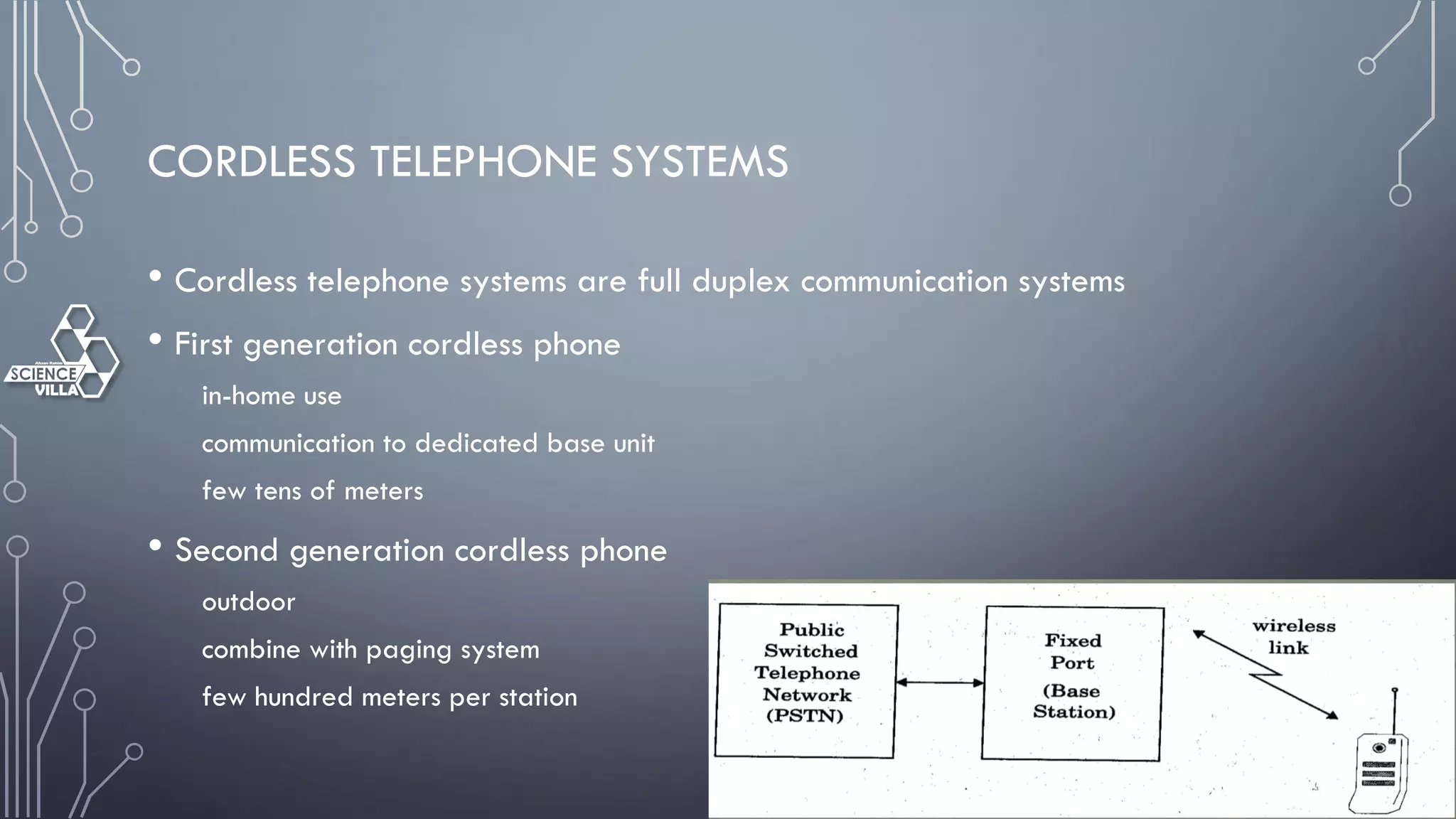 CORDLESS TELEPHONE SYSTEMS
• Cordless telephone systems are full duplex communication systems
• First generation cordless phone
in-home use
communication to dedicated base unit
few tens of meters
• Second generation cordless phone
outdoor
combine with paging system
few hundred meters per station
 